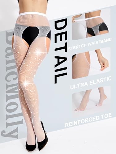 DancMolly 6 Pairs Sparkly Suspender Fishnet Pantyhose Shimmer High Waist Tights Sexy Rhinestone Leggings for Women, 18 Colors3