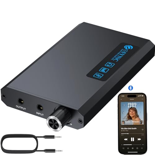 eSynic Bluetooth 5.1 Receiver Headphone Amplifier Rechargeable-16-300 Ohm HiFi 3.5MM Audio Headphone Amp Portable Car Bluetooth Amplifier with Dual Gain Switch & Aluminum Case for Car/Phone/Laptop