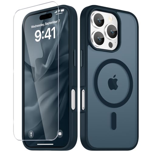 Image of YENAPOON for iPhone 16 Pro Case, Matte Magnetic Phone Cover [with 1 Screen Protector] [Support for MagSafe] [Shockproof Military Grade Protection] Translucent Frosted Back, Navy Blue