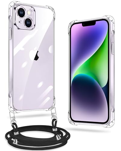 iPhone 14 ケース クリア ネック ショルダー ストラップ付き iPhone14 スマホケース アイフォン14 カバー 耐衝撃 薄型 軽量 TPU スマホ シリコン カバー 紐付き 斜めがけ 織りストラップ付き 肩掛け 縦/横 2WAY 調節可能なショルダー クロスボディ 多目的キャリー ファッションデザイン (透明)