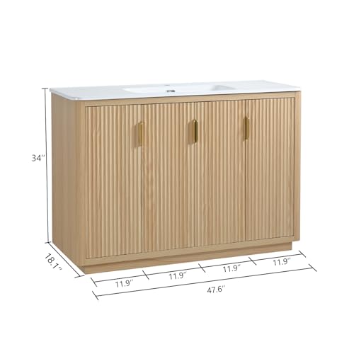Image of 48 Inch Freestanding Bathroom Vanity with Ceramic Sink, Striped Vanity Cabinet with Four-Door Storage & Gold Pull Handles, Natural Wood