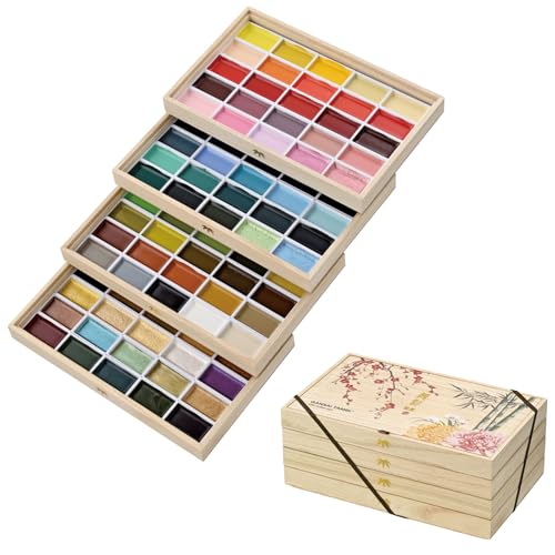 Kuretake GANSAI TAMBI Watercolor Paint Set 100 Colors with Wooden Box, Professional-quality art supplies for artists adult painting Non-Toxic, Made in Japan, MC20/100WD4