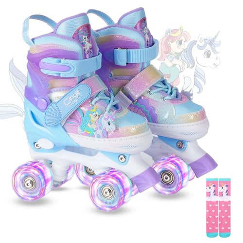 Girls Roller Skates for Kids Ages 3-12 Adjustable Light Up Roller Skates for Toddlers Beginners Boys Unicorn Mermaid Rainbow Gift for Indoor Outdoor Sports