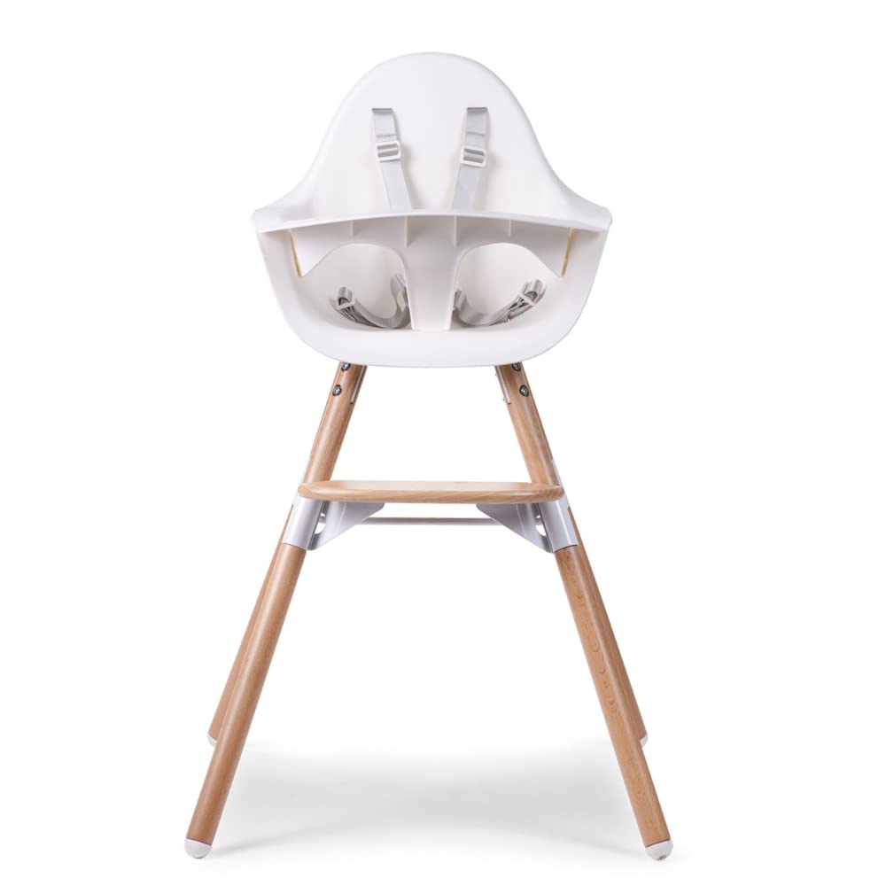 CHILDHOME, Chaise Haute Bébé/Enfant, Evolutive, Dès 6 mois, Réglable en Hauteur, Harnais 5 Points, Nombreux Accessoires, Compatible avec Transat Naissance Evolu, Bois de Hêtre, Evolu 2, Blanc