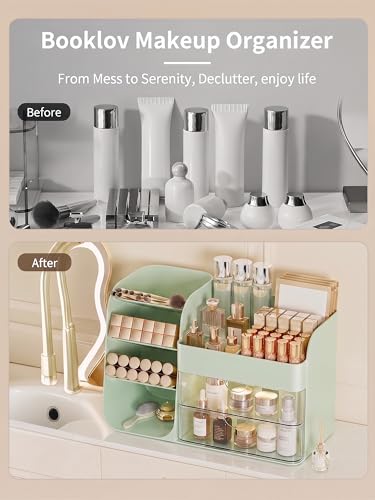 Image of Booklov Makeup Organizer for Vanity, Countertop Cosmetic Display Case with Clear Acrylic Drawers, Bathroom Counter Beauty Caddy, Cute Table Storage Holder for Skincare, Brush Lipsticks, Crystal Green