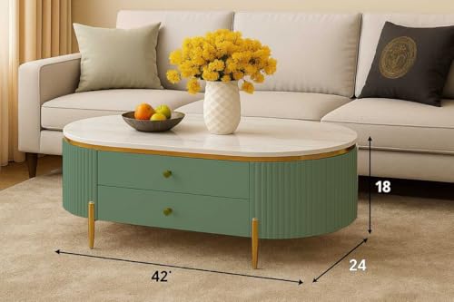 Image of WOODEN SPACE Premium Moderno Marble-Top Coffee Table with Storage Drawer & PVD Coated Iron Legs | Oval Wooden Center Table for Living Room & Entryway (Olive Green)