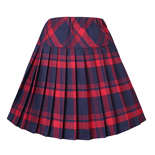 Women's Elastic Waist Plaid Pleated Skirt Tartan Skater School Uniform Mini Skirts (X-Large, Series 1 Red) #TOP1