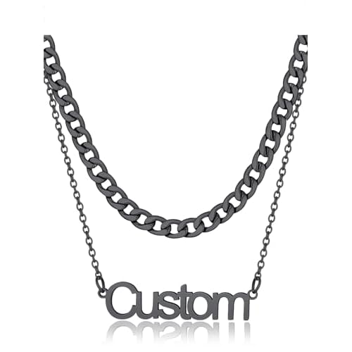 FindChic Custom Name Necklace Personalized Stainless Steel Layered Necklace for Women Girls Gold Plated/Black Name Plate Jewelry Gift for Gf Mom Daughter, with Gift Box 01. cuban chain (blac