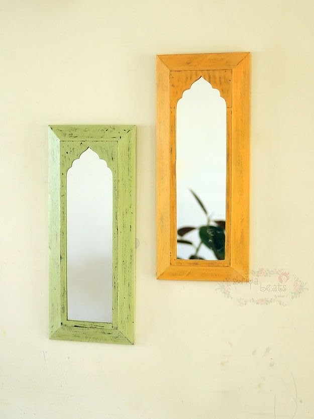 Generic Antique Mughal Jharokha Mirror Frame Set of 2, Wall Mount, Home Mirror, Medium, Wood, Antiqued Finish