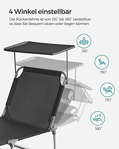 SONGMICS Sonnenliege groß, zusammenklappbar, Sonnenliege, 200 x 71 x 38 cm, Tragfähigkeit 150 kg, mit Sonnenblende und Verstellbarer Rückenlehne, für Garten, Pool, Terrasse, Dunkelgrau GCB22GYV2