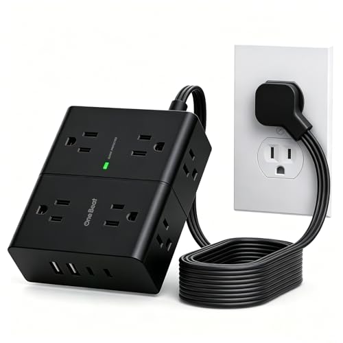 Image of One Beat Surge Protector Power Strip, 6 Ft Ultra Thin Flat Extension Cord with 8 Outlets 4 USB Ports(2 USB C), Flat Plug Power Strip, White Power Strip for Home, Office, Dorm Room Essentials, Black