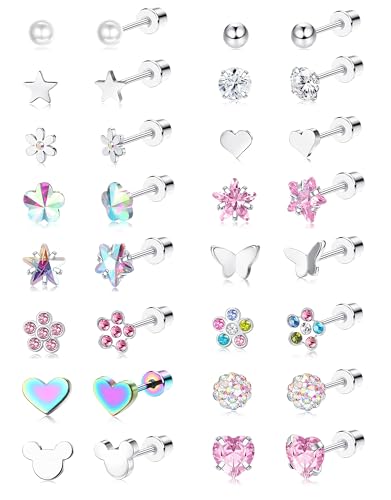 THUNARAZ 16 Pairs Hypoallergenic Screw Back Earrings for Girls Women Surgical Steel Cute CZ Heart Flower Star Butterfly Screwback Stud Earrings Set 20G