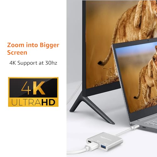 Image of Amazon Basics 3-in-1 USB Type C to HDMI Adapter 4K@30Hz, 100W PD Fast Charging Port, USB A 3.0 @5Gbps Speed, MultiPort HUB for MacBook Pro Air, Windows, Laptop, Tablet, Smartphone & All Type C Devices