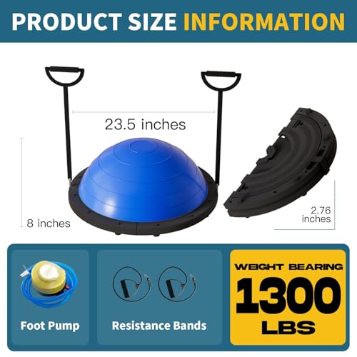 Image of Vtory Foldable Balance Ball, Upgrate Half Ball Balance Trainer, 1300 lbs Capacity Stability Ball, 23.5 Inch Yoga Half Ball, with Resistance Band & Foot Pump, No-slip Blue Pink