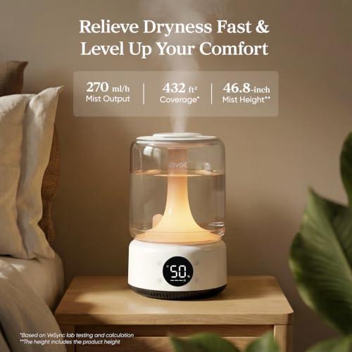 Image of LEVOIT Smart Humidifier for Bedroom, 4.2L Top Fill Cool Mist for Large Room, Dishwasher Safe /Easy Clean, 21dB /42H Runtime, for Baby /Plants, APP /Voice Control, Light /Music Scene Mode, NeoClassic 450S