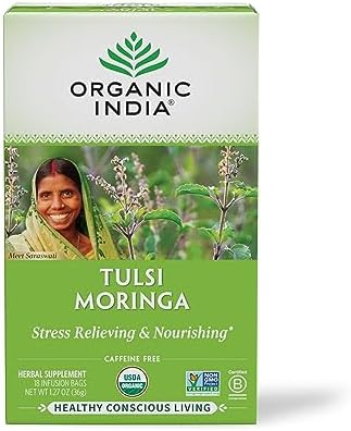 Organic India Tulsi Moringa Tea Bags – Holy Basil, Lemongrass, Moringa Leaves, Stress Relieving & Nourishing, Immune Support Tea, Vegan, Certified Organic, Caffeine-Free – 18 Infusion Bags, 1 Pack
