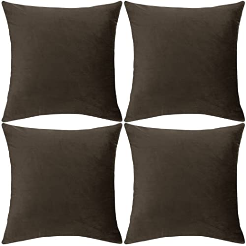SWISSPACK Lot de 4 housses de coussin carrées décoratives en velours doux pour salon, canapé, chambre à coucher avec fermeture éclair invisible. Grande taille 50,8 x 50,8 cm (marron) Cover