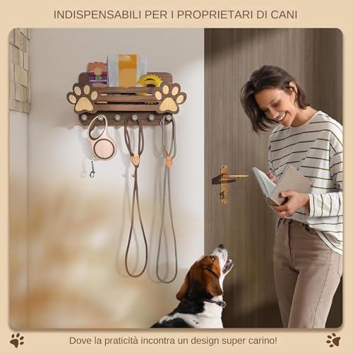 Perchero de correas para perros en madera natural con estante decorativo de pared 4