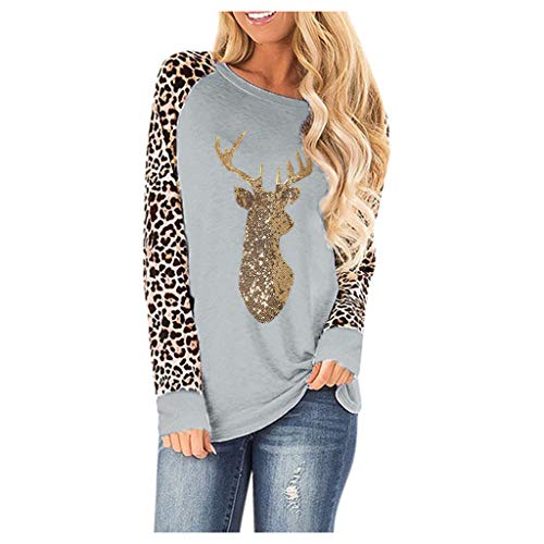 Womens Leopard Sequin Patchwork Christmas Tops Long Sleeve Cute Shirt Blouse Gray