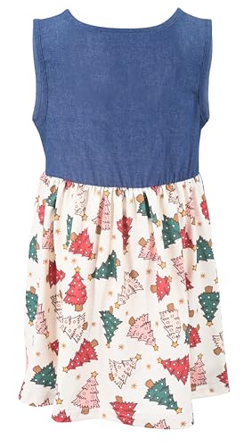 Image of Unique Baby Girls Sleeveless Denim Dress with Knot Tie and Fun Print for Toddler and Big Kids
