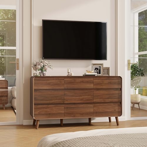 Image of Nasonet 9 Drawer Dresser for Bedroom, Mid Century Modern Wood Chest of Drawers, Wide Storage Drawer Dresser TV Stand, Walnut