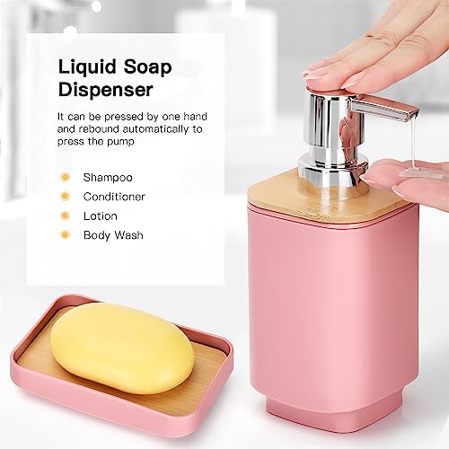 JOTOM Bamboo Bathroom Accessories Set of 6 Modern Design 6 Pieces Bathroom Accessory Set Soap Dispenser Toothbrush Holder Tooth Mug Soap Dish Toilet Brush Rubbish for Bathroom Home Decor (Pink) - Image 5
