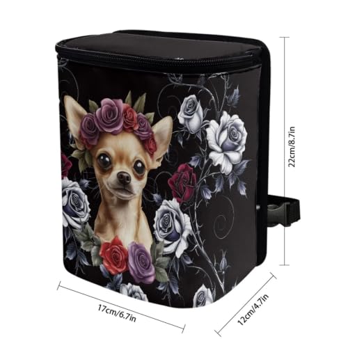 Image of Talayituse Chihuahua Rose Pattern Car Trash Can with Lid, Leak Proof Auto Trash Bag Hanging Vehicle Garbage Can Multipurpose Storage Container for Back Seat Road Trip