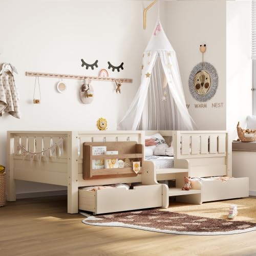 Bellemave Cama de plataforma para niños de tamaño individual con vallas y escalera de seguridad, marco de cama individual con 2 cajones y estantería