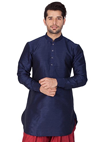 Image of Vastramay Men's Gold Curved Shape Pathani Style Silk Cotton Kurta - Mid-Length with Buttoned Cuff, Soft & Comfortable Ethnic Wear