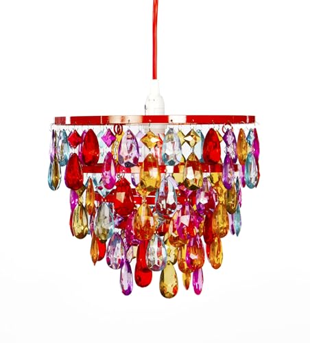 Image of gypsy color The Original Brink House Plug-in 1 Light Multicolor Dome Chandelier H10 inchxW11.5 inch, Red Metal Frame with 5 Tiers of Multicolor Acrylic Crystals