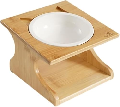 AZIEBAY 食器台ペット用ボウルスタンドセット、愛犬や愛猫の食事時に快適な体勢をサポート、天然竹製のスタンドとセラミックボウルで衛生的かつデザイン性の高いセット