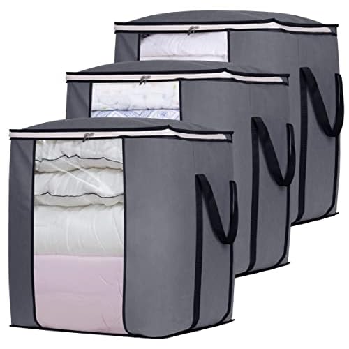 SLEEPING LAMB 120L Oversized Blanket Storage Bags Sturdy Fabric Clothes Storage Containers for King Comforter Bedding Pillow Sheet, Grey, 3 Packs
