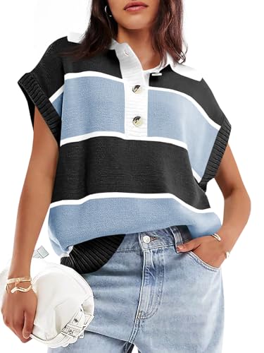 Image of Saodimallsu Women's V Neck Button Down Striped Short Sleeve Knit Sweater