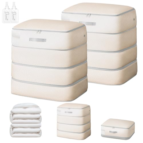Easortm Comforter Storage Bag - 130L Large Capacity Blanket Storage Bags 4-Layer Ultra Space Saving Self Compression Organizer, Washable Compression Bags for Storage Comforter Blanket, 2-Pack, Beige