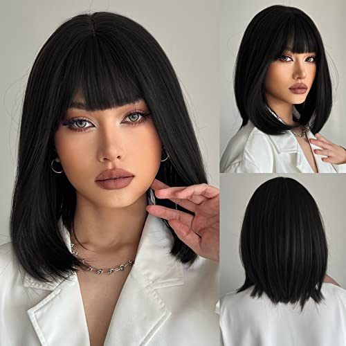 HAIRCUBE Perruque Bob Noire avec Frange Perruques Courtes pour Femmes Perruque Synthétique en Fibre Résistante à la Chaleur Aspect Naturel 12 Pouces