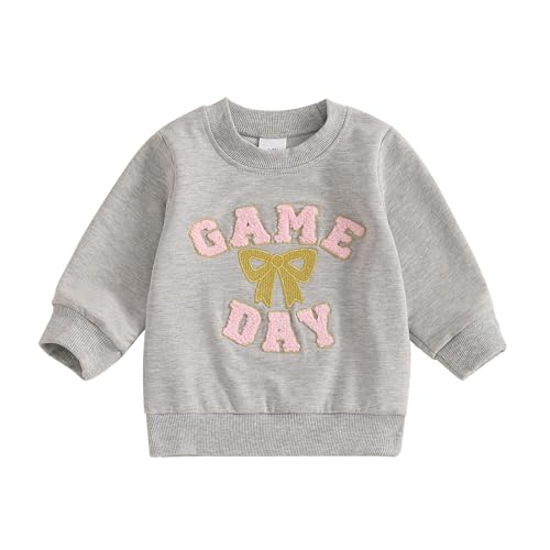 Lamuusaa Toddler Baby Girl Football Outfit Game Day Embroidery Sweatshirt Bow Print Pullover Shirts Fall Clothes 1-5T (Grey, 18-24 Months)