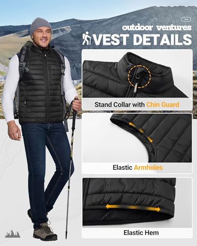 Outdoor Ventures Herren Packbare Steppweste Outdoor Übergangswesten Gefütterte Hybrid Sportwesten für Männer Laufen Golf Wandern Reiten Schwarz L
