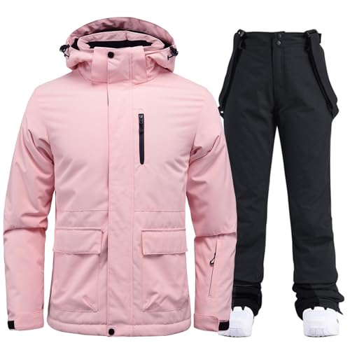 Women's Ski Jackets and Pants Set Waterproof Insulated Snowsuit Winter Warm Skisuit Fashion Snowboarding Snow Coat (Pure pink+Black, XXL)