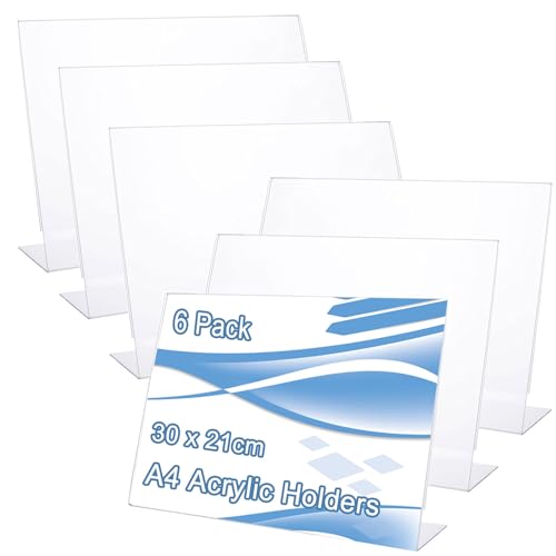 LOLYSIC 6 Pcs A4 Acrylic Sign Holder, Clear Landscape Perspex Display Stand, Horizontal Plastic Menu Holder A4 Leaflet Poster Sign Display Stand for Office Shop Restaurant, 297x210mm