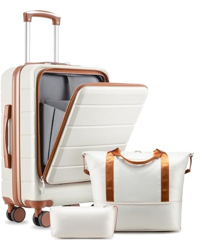 LUGGEX Carry On Luggage Set 3 Piece, Front Pocket Hard Shell Suitcase for Travelling with Spinner Wheels & TSA Lock, FX-Lite, Beige image 7
