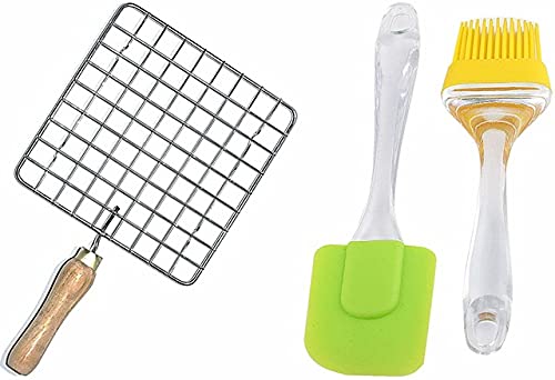 Wofier® Barbeque Jali Roti Roast Grill Papad Roaster Chapati Toast Grill Wooden Handle Paneer Tandoor Net-Square with Silicone Spatula and Oil Brush Set