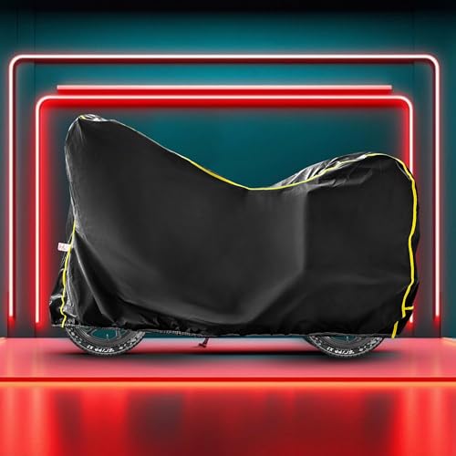 Image of Waterproof Bike Cover Compatible with Royal Enfield Meteor 350 Cover with All Weather Protection and Triple Stitch, Heavy Buckle with Storage Bage & Black with Yellow Piping