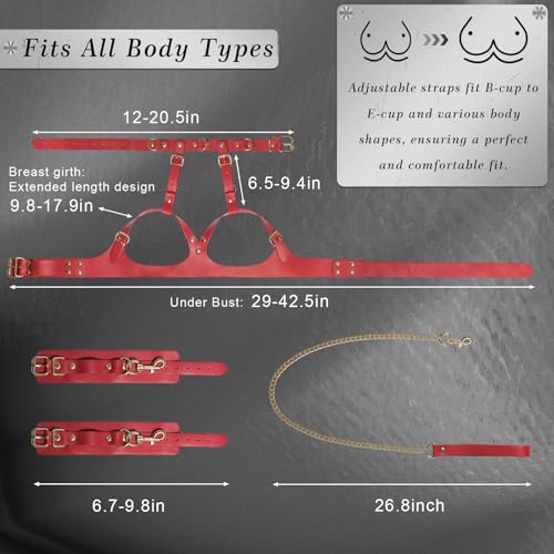 Image of BDSM Sex Bondage Restraints Breast Kit, Upgraded Adjustable B to E Cup Boobs Harness 17.9 Inches with Collars Handcuffs Traction Chain Dual-Layer PU Leather Kinky Adult Sex Toys for Couples(Red)