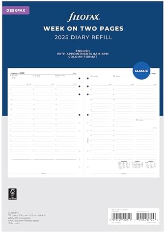 Agenda Filofax Deskfax 2026 - Semainier 2 Pages Avec Rendez-vous - Format Colonne Anglais - 176x250 Mm