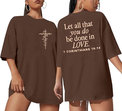 Christian Shirts for Women Oversized Jesus Shirt Religious Faith Tshirts Inspirational Graphic Tees Short Sleeve Top, Brown, Medium