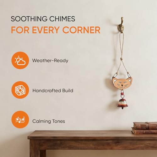 Image of Aakriti Art Creations Pink Cat Wind Chime with Metal Bell | Handmade Wooden & Metal Wind Chime | Matte Decorative Wind Chimes for Balcony, Garden & Home, Living Room & Gifting