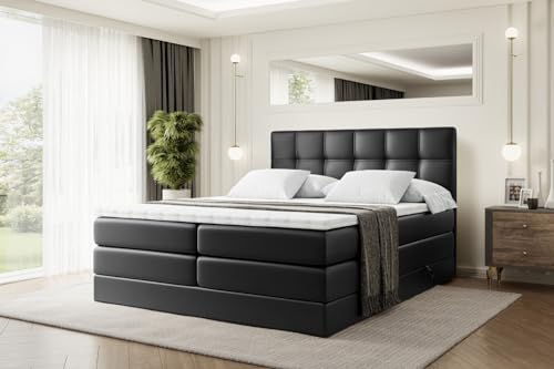 ALTDECOR Boxspringbett mit Matratze und Lattenrost, Topper, Polsterbett mit Bettkasten, Bett mit Stauraum H3- und H4- Matratze, Doppelbett, Springboxbett - Marce King - 200x200 - Schwarz Kunstleder