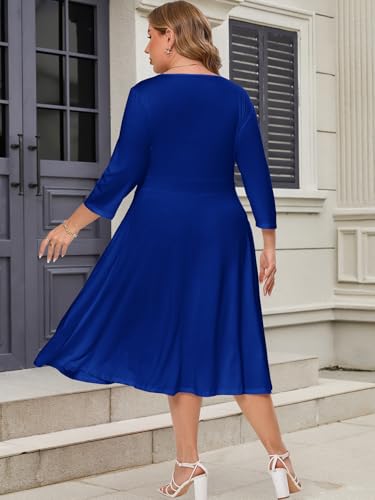 Image of Plus Size Dresses for Women A-Line V-Neck Swing Flowy 3 /4 Sleeve | 3 /4 sleeve,v neck,pockets,casual,cocktail,wedding,holiday,home,work,date party,vacation,outdoor