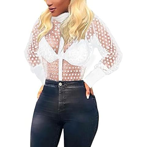 Women's Button Down Shirt Polka Dots Sheer See Through Long Sleeve Blouse, White, Large Cover