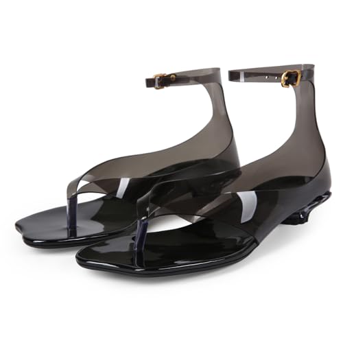 Image of Women's Flip Flop Kitten Heels - Jelly Thong Heeled Sandals with Clear Strap, Transparent Low Heel Mules, Stylish Thong Kitten Heels for Summer, Casual Dress Sandals